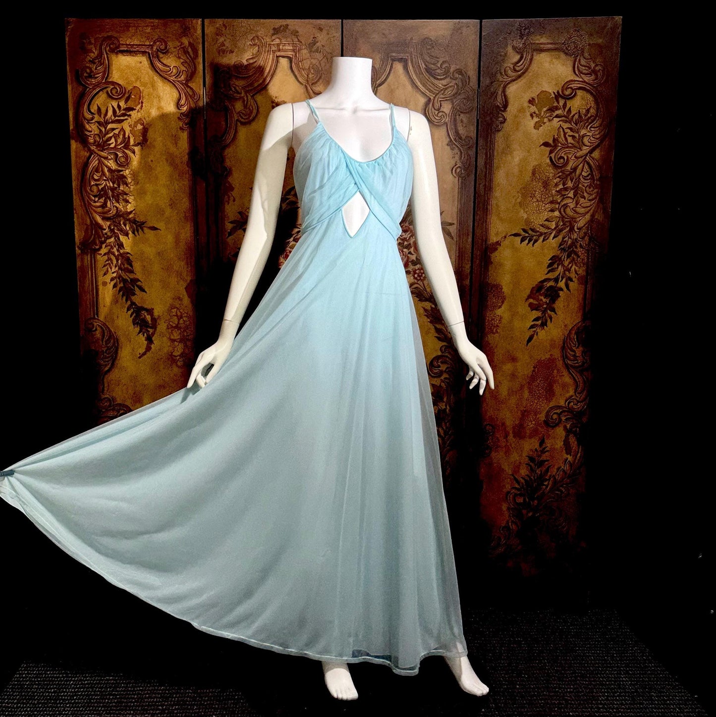 VIRGINIA WALLACE vintage nightgown robe set, 1960s Powder blue double layer chiffon, lingerie slip dress peignoir set