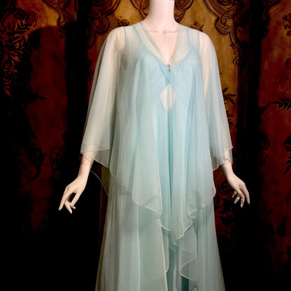 VIRGINIA WALLACE vintage nightgown robe set, 1960s Powder blue double layer chiffon, lingerie slip dress peignoir set
