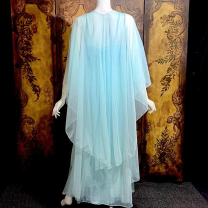 VIRGINIA WALLACE vintage nightgown robe set, 1960s Powder blue double layer chiffon, lingerie slip dress peignoir set