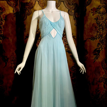 VIRGINIA WALLACE vintage nightgown robe set, 1960s Powder blue double layer chiffon, lingerie slip dress peignoir set