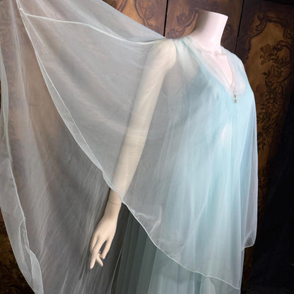 VIRGINIA WALLACE vintage nightgown robe set, 1960s Powder blue double layer chiffon, lingerie slip dress peignoir set