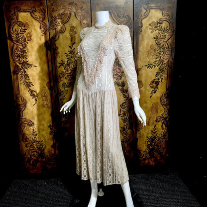 1980s Vintage evening dress, taupe crochet lace see through victorian style dress