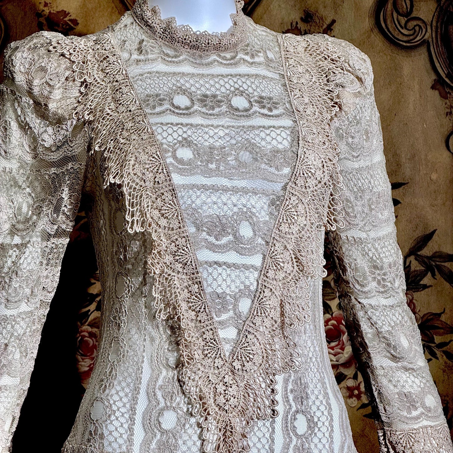1980s Vintage evening dress, taupe crochet lace see through victorian style dress