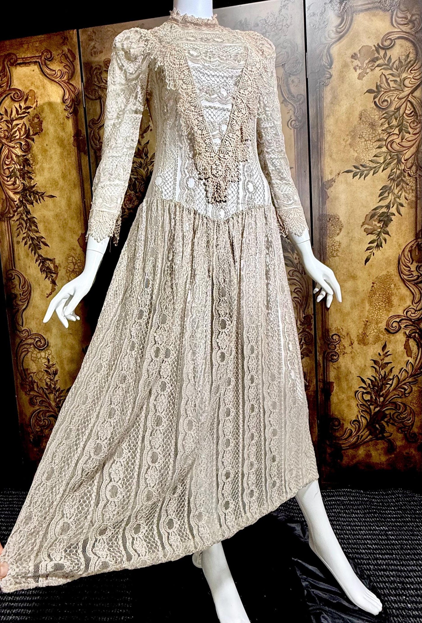 1980s Vintage evening dress, taupe crochet lace see through victorian style dress