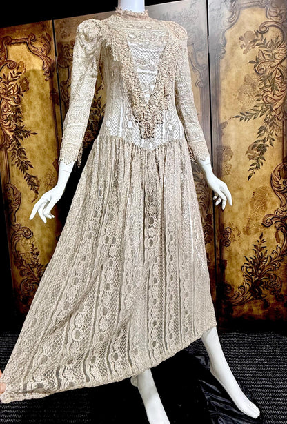 1980s Vintage evening dress, taupe crochet lace see through victorian style dress