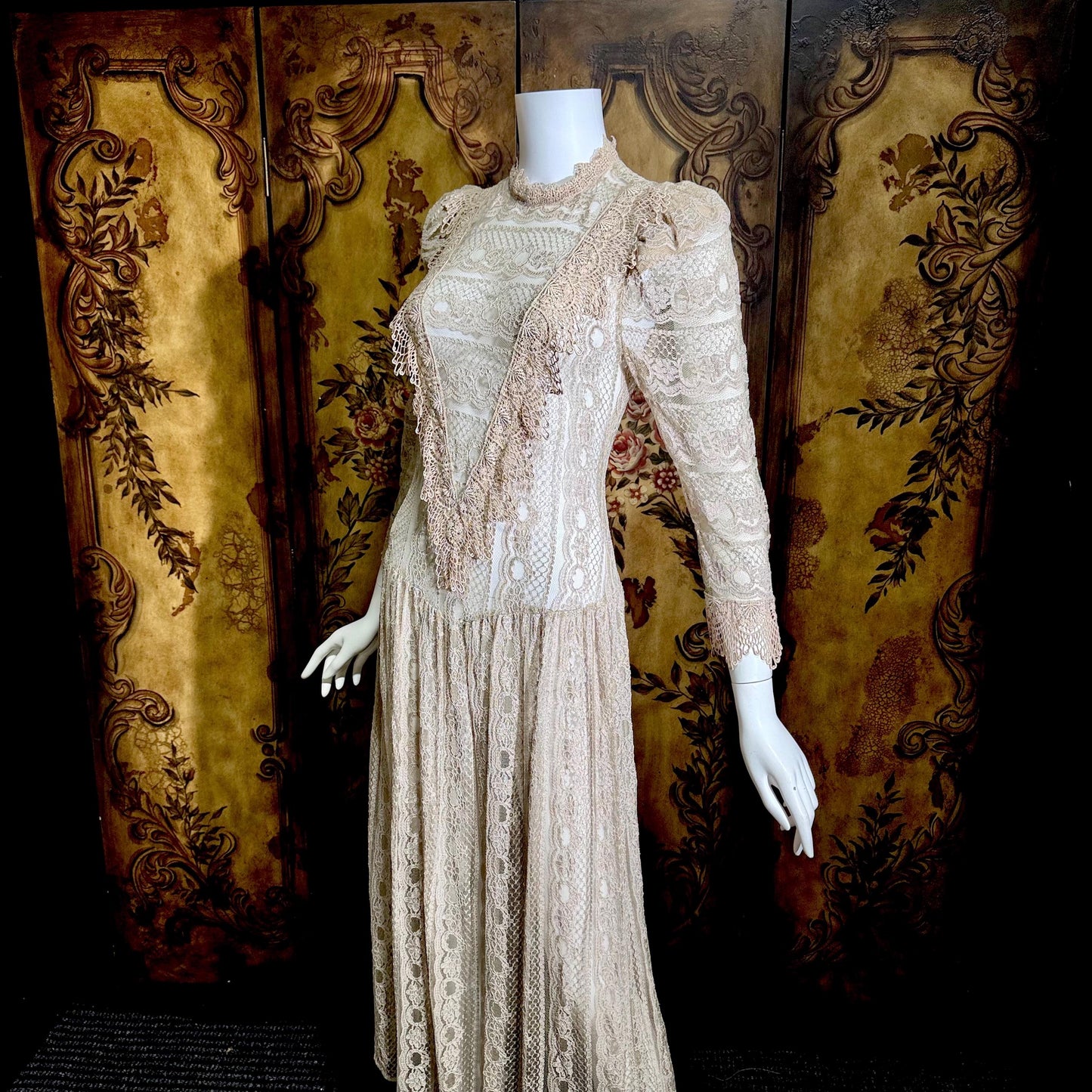 1980s Vintage evening dress, taupe crochet lace see through victorian style dress