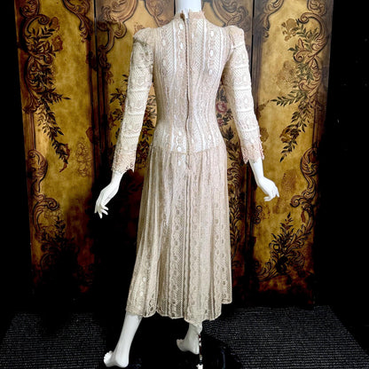 1980s Vintage evening dress, taupe crochet lace see through victorian style dress