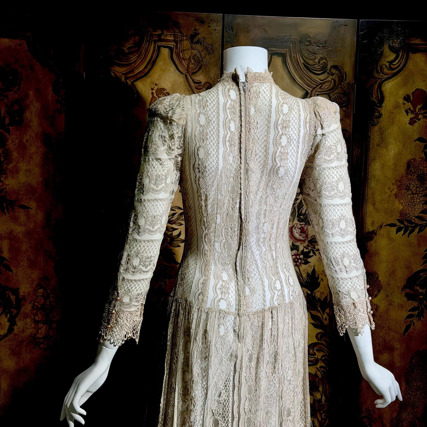 1980s Vintage evening dress, taupe crochet lace see through victorian style dress