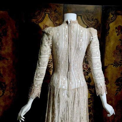 1980s Vintage evening dress, taupe crochet lace see through victorian style dress