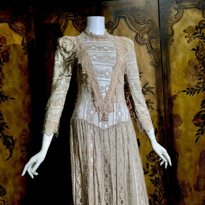 1980s Vintage evening dress, taupe crochet lace see through victorian style dress