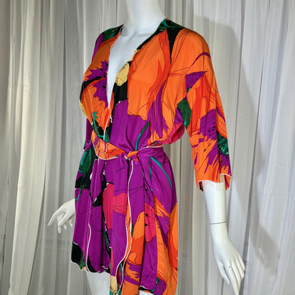 HOLLY HARP Vintage 1970s Robe Kimono, short floral silk duster cover up