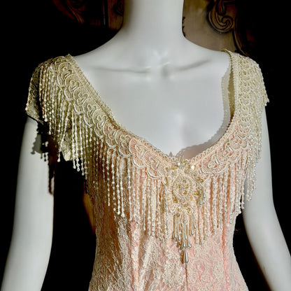 LORRIE KABALA Vintage wedding dress, 1980s pink and white lace beaded fringe gown