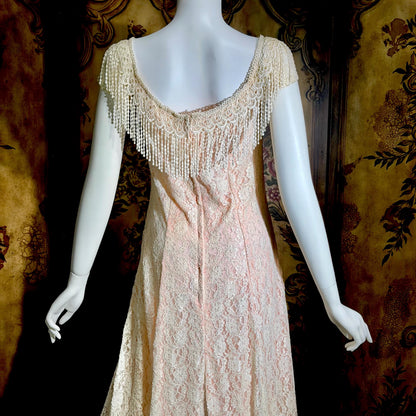 LORRIE KABALA Vintage wedding dress, 1980s pink and white lace beaded fringe gown