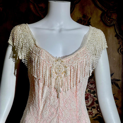 LORRIE KABALA Vintage wedding dress, 1980s pink and white lace beaded fringe gown