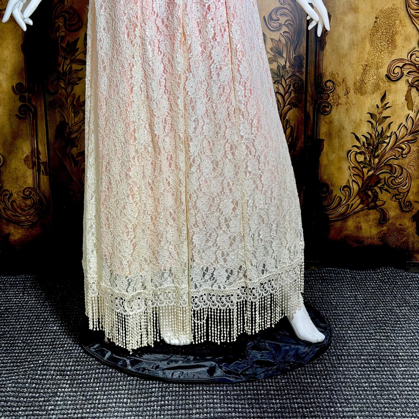 LORRIE KABALA Vintage wedding dress, 1980s pink and white lace beaded fringe gown