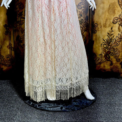 LORRIE KABALA Vintage wedding dress, 1980s pink and white lace beaded fringe gown