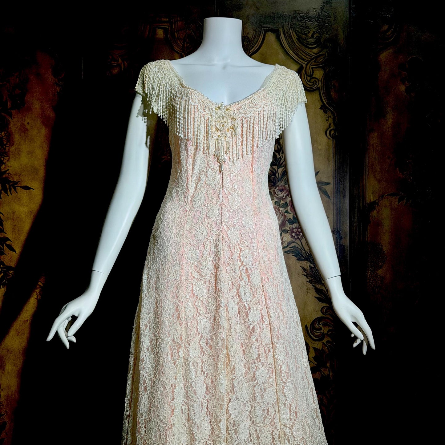 LORRIE KABALA Vintage wedding dress, 1980s pink and white lace beaded fringe gown