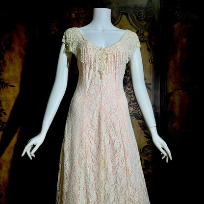 LORRIE KABALA Vintage wedding dress, 1980s pink and white lace beaded fringe gown