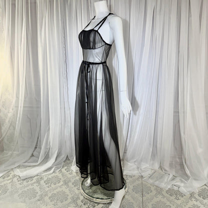 CHEVETTE vintage nightgown slip dress, 1950s Black Sheer Nylon lingerie dress