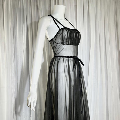 CHEVETTE vintage nightgown slip dress, 1950s Black Sheer Nylon lingerie dress
