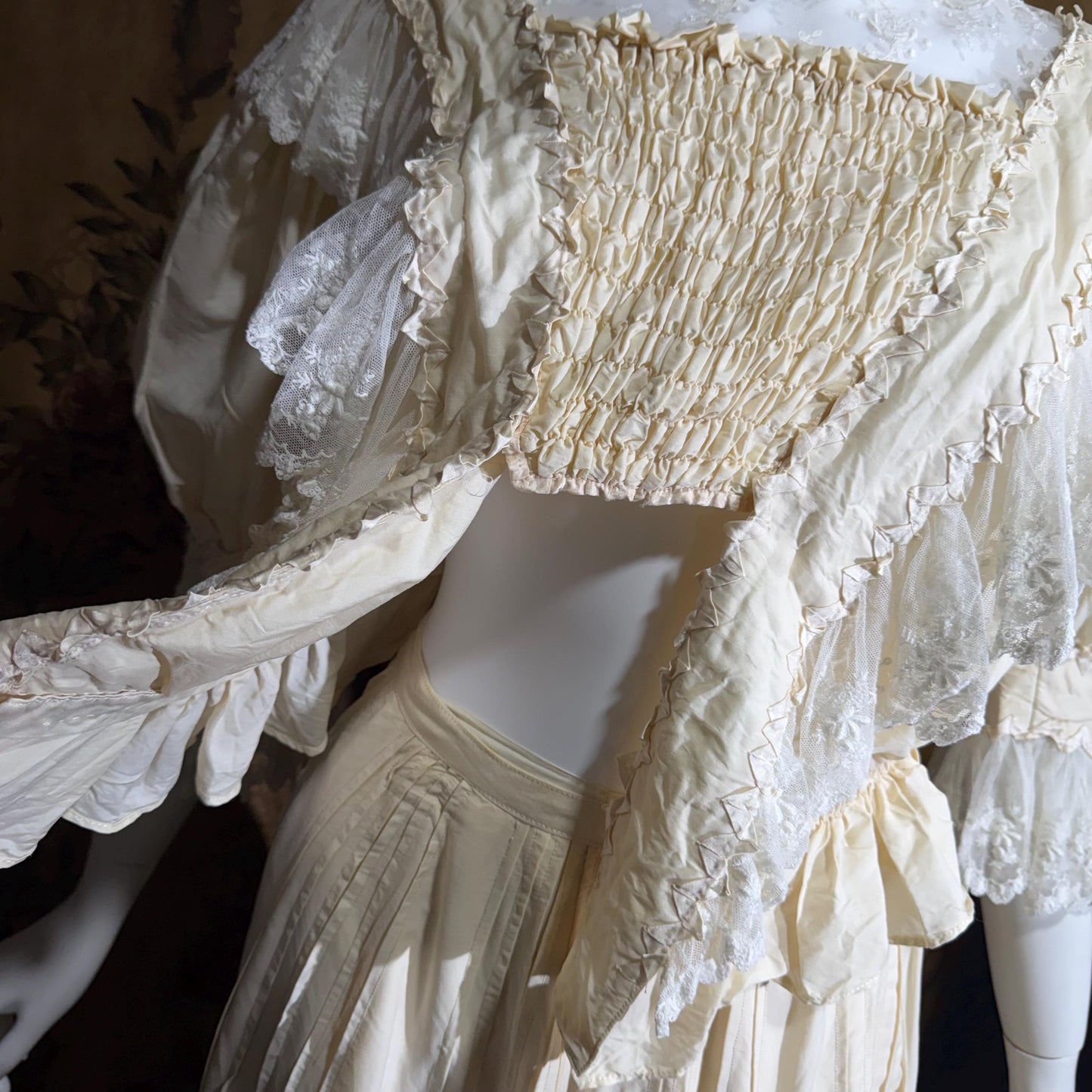 1906 Edwardian Victorian wedding dress, Vintage custom made white cotton high neck 4 pc gown