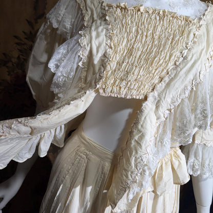 1906 Edwardian Victorian wedding dress, Vintage custom made white cotton high neck 4 pc gown
