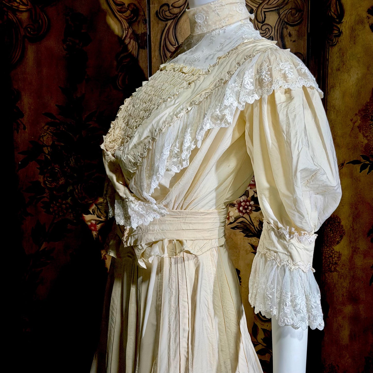 1906 Edwardian Victorian wedding dress, Vintage custom made white cotton high neck 4 pc gown