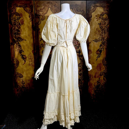 1906 Edwardian Victorian wedding dress, Vintage custom made white cotton high neck 4 pc gown