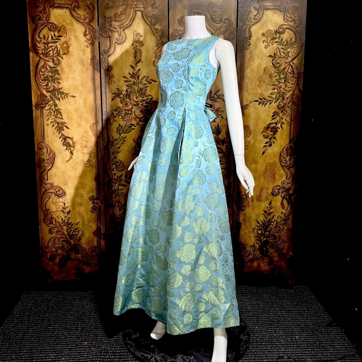 1960s vintage evening dress gown, Blue floral silk damask pleated full skirt ball gown