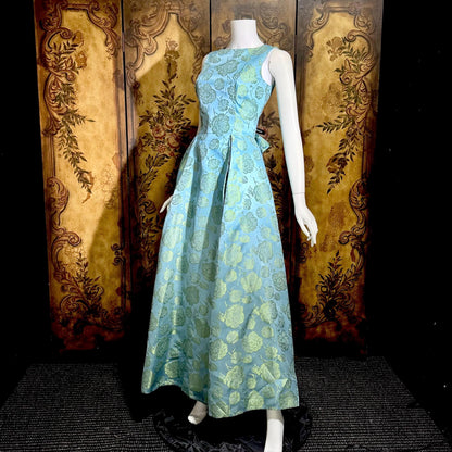1960s vintage evening dress gown, Blue floral silk damask pleated full skirt ball gown