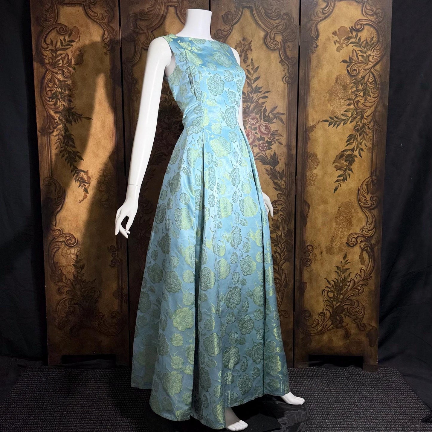 1960s vintage evening dress gown, Blue floral silk damask pleated full skirt ball gown