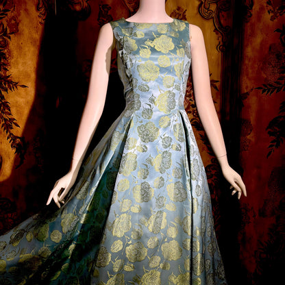 1960s vintage evening dress gown, Blue floral silk damask pleated full skirt ball gown