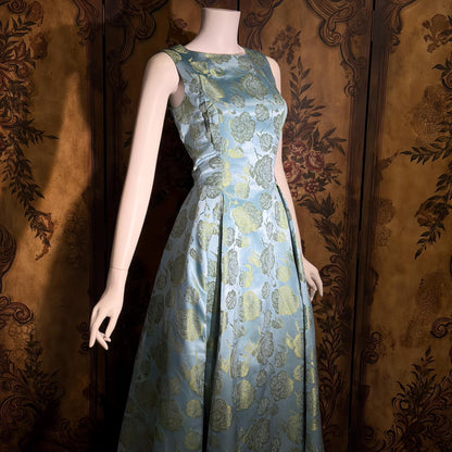 1960s vintage evening dress gown, Blue floral silk damask pleated full skirt ball gown