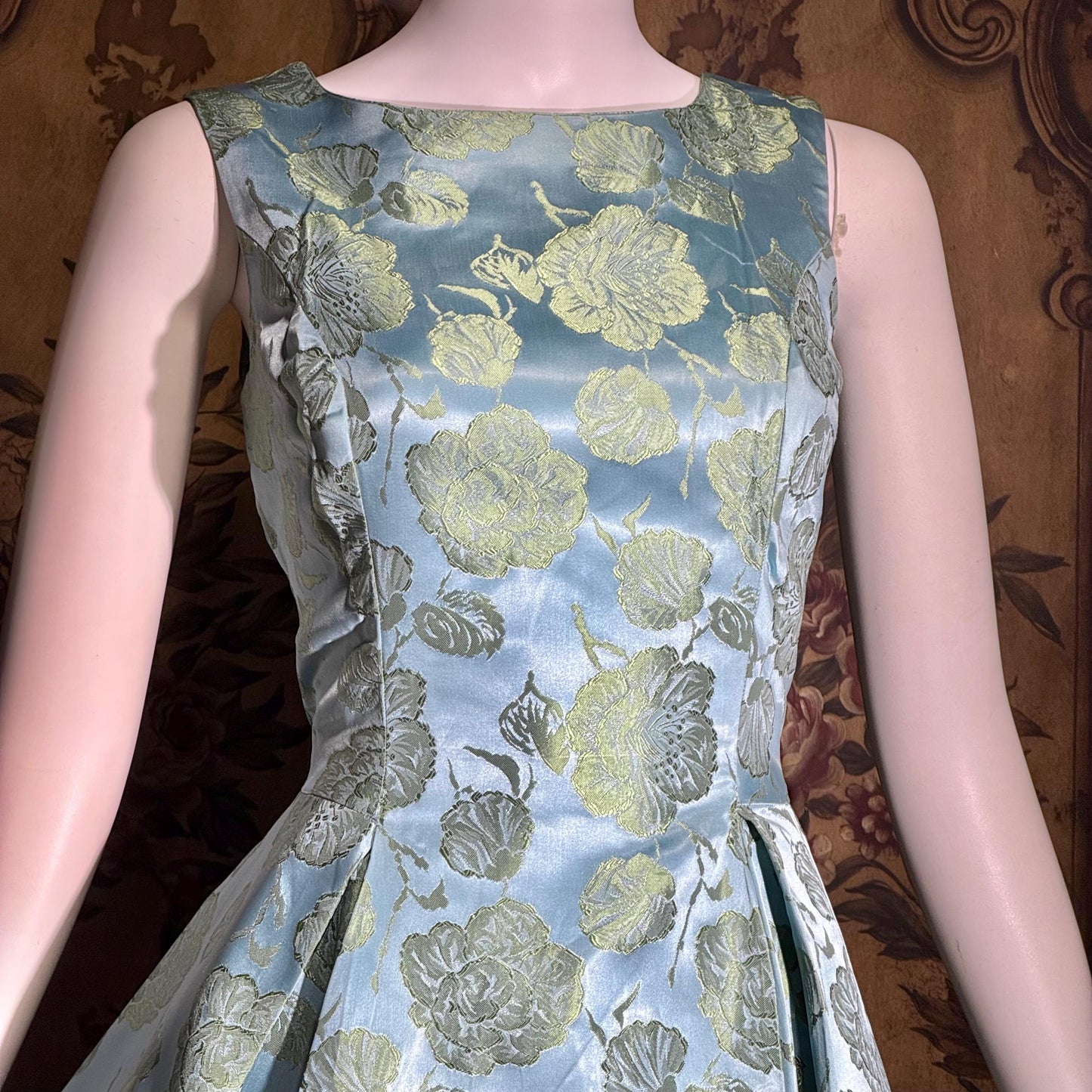 1960s vintage evening dress gown, Blue floral silk damask pleated full skirt ball gown