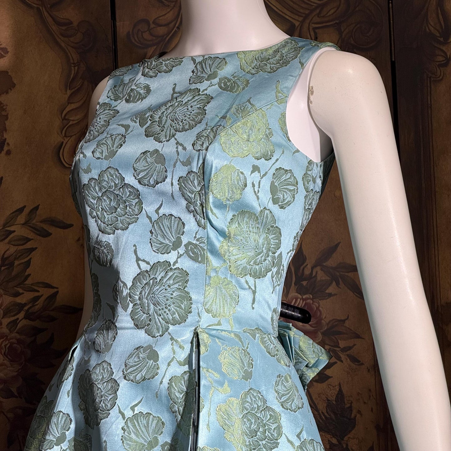 1960s vintage evening dress gown, Blue floral silk damask pleated full skirt ball gown