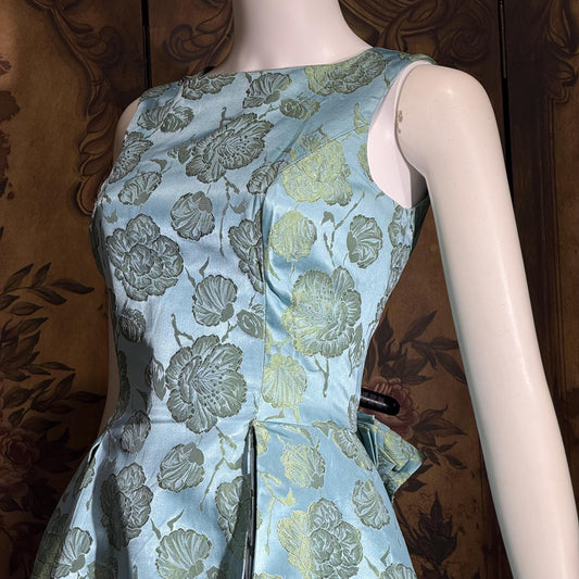 1960s vintage evening dress gown, Blue floral silk damask pleated full skirt ball gown