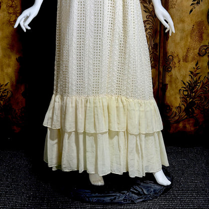 COURIERS vintage 1970s wedding prairie dress, white cotton eyelet flutter sleeve Boho maxi dress