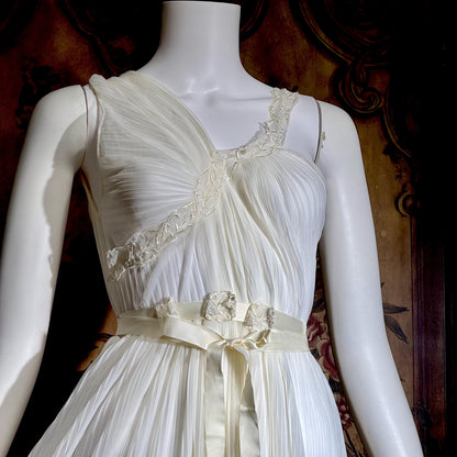 ROGERS vintage 1950s nightgown slip dress, white pleated Aphrodite Grecian Goddess lingerie gown