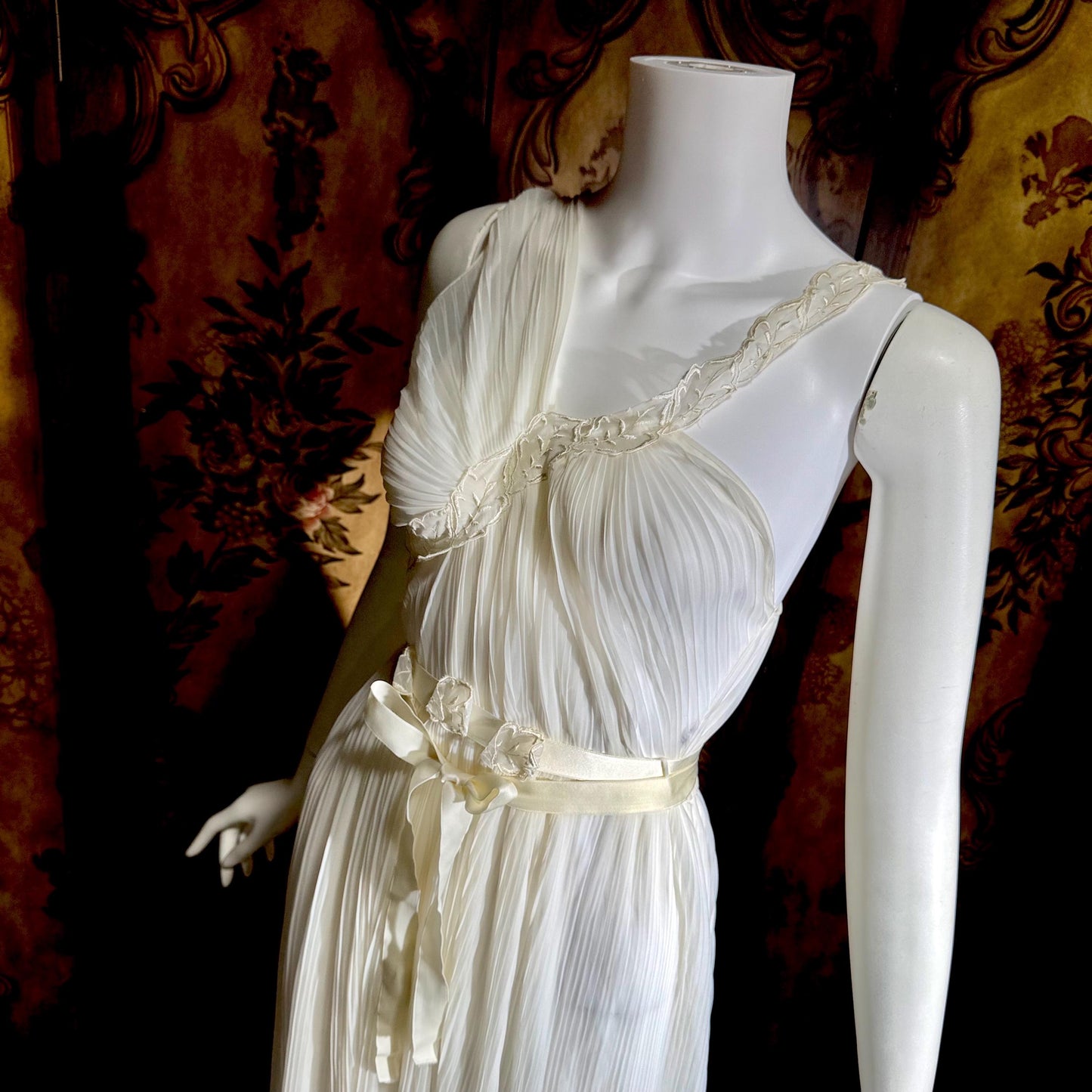 ROGERS vintage 1950s nightgown slip dress, white pleated Aphrodite Grecian Goddess lingerie gown