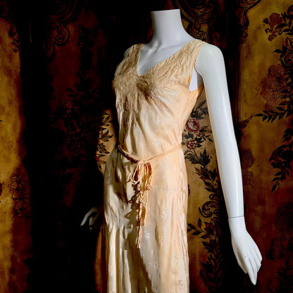 1930s vintage SILK Nightgown slip dress, HAND MADE peach bias cut lingerie dress