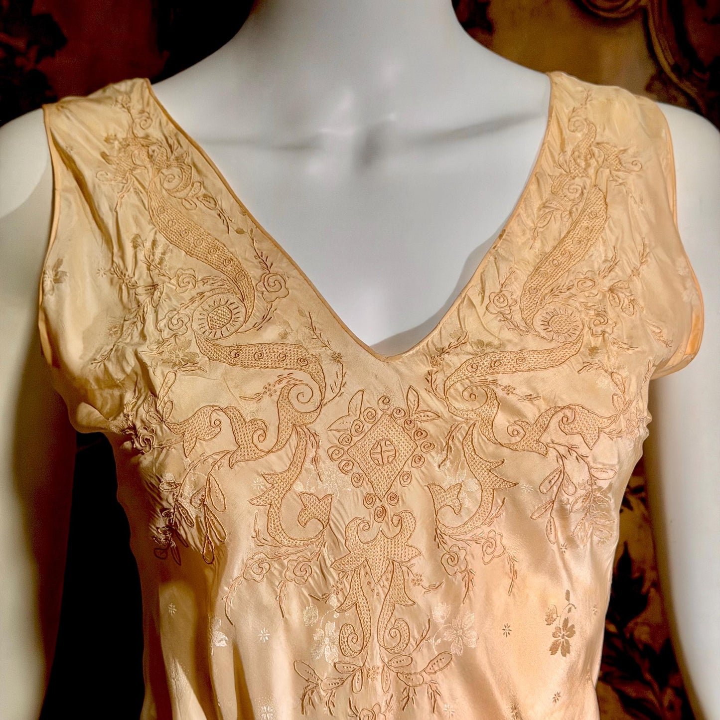 1930s vintage SILK Nightgown slip dress, HAND MADE peach bias cut lingerie dress