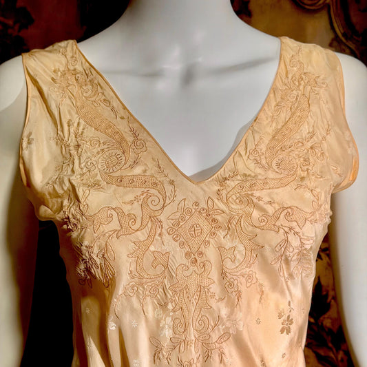 1930s vintage SILK Nightgown slip dress, HAND MADE peach bias cut lingerie dress