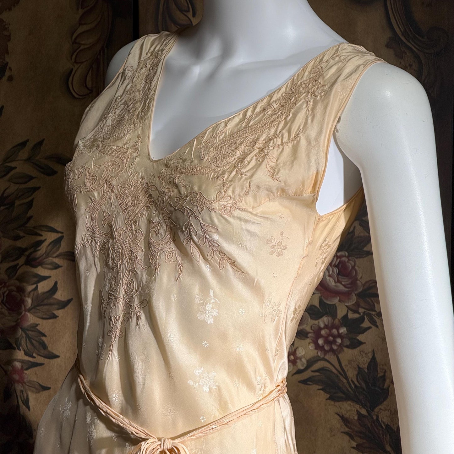 1930s vintage SILK Nightgown slip dress, HAND MADE peach bias cut lingerie dress