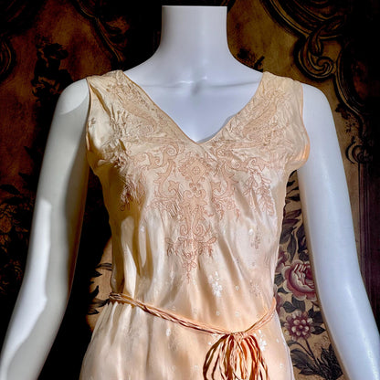 1930s vintage SILK Nightgown slip dress, HAND MADE peach bias cut lingerie dress