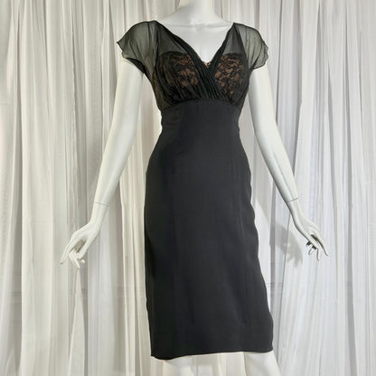 DON LOPER vintage 1950s cocktail party dress, black evening wiggle dress