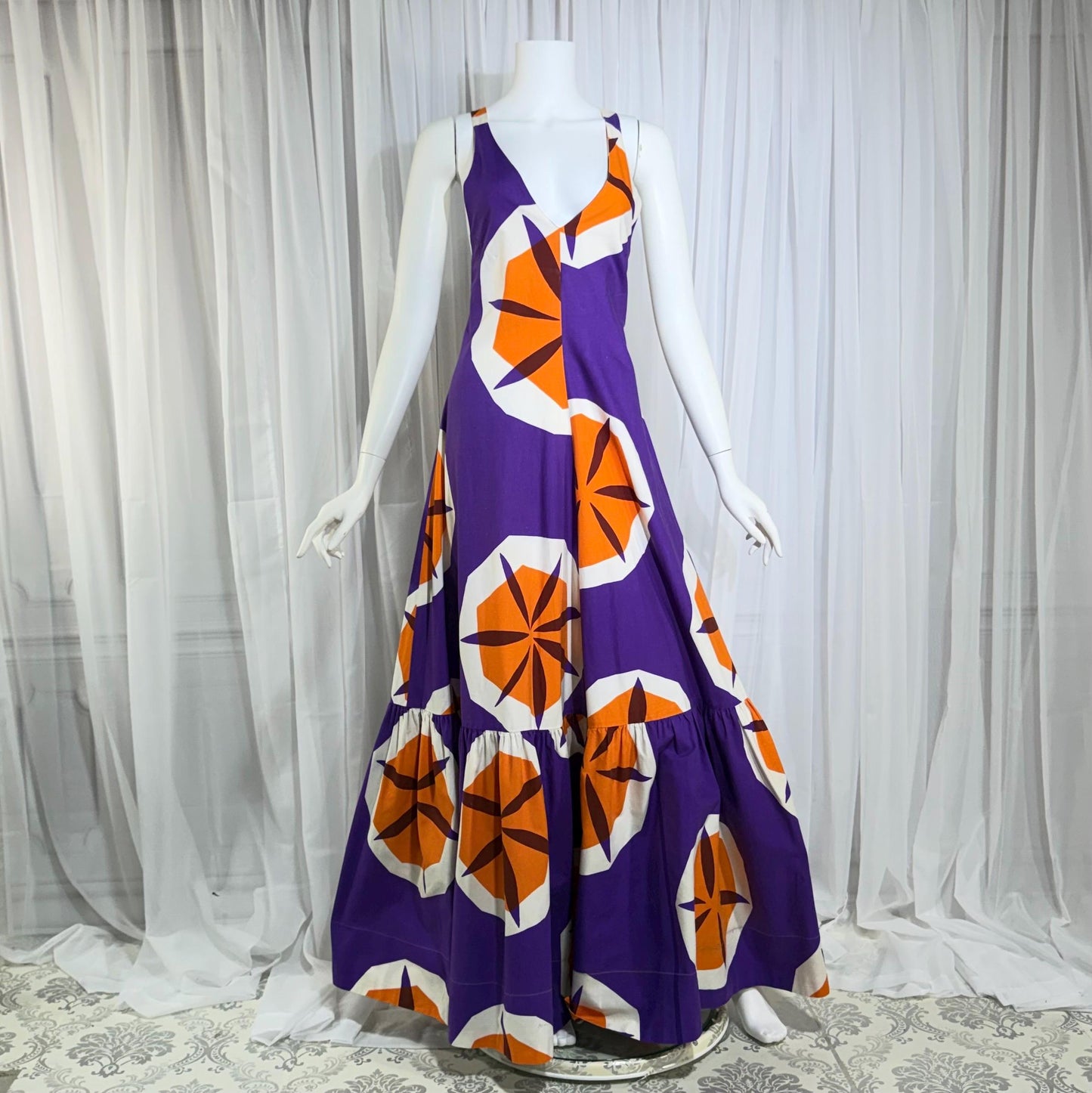 MARIMEKKO vintage 1970s maxi dress, Finland purple and orange op art cotton