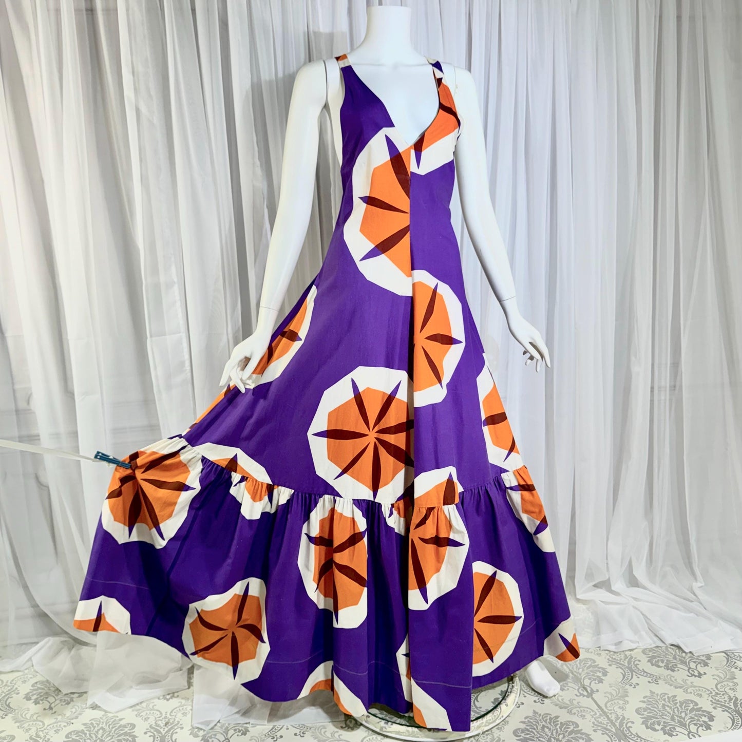 MARIMEKKO vintage 1970s maxi dress, Finland purple and orange op art cotton