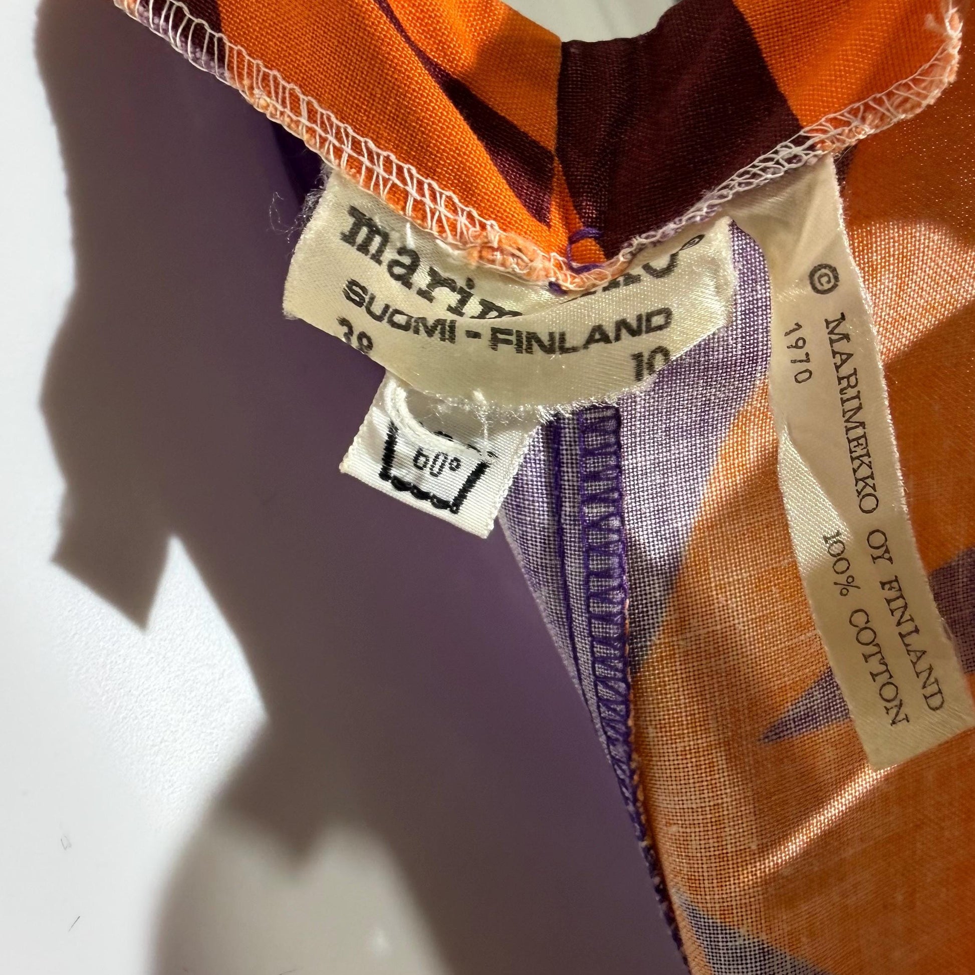 vintage 1970s MARIMEKKO maxi dress, Dated 1970 Finland purple and orange op art cotton halter dress