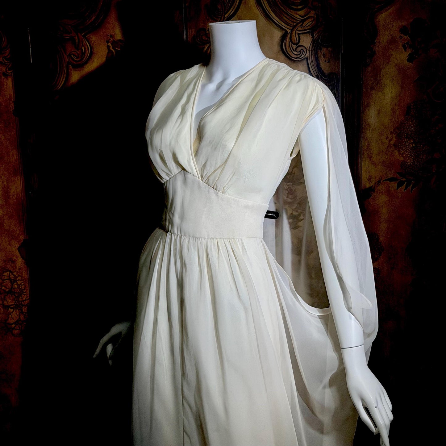 MOHR KLEIDER vintage wedding dress, 1980s Grecian Goddess white poly cape gown