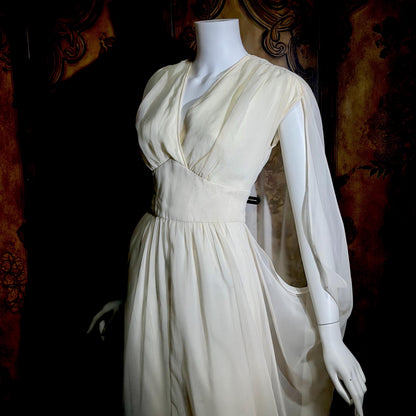 MOHR KLEIDER vintage wedding dress, 1980s Grecian Goddess white poly cape gown